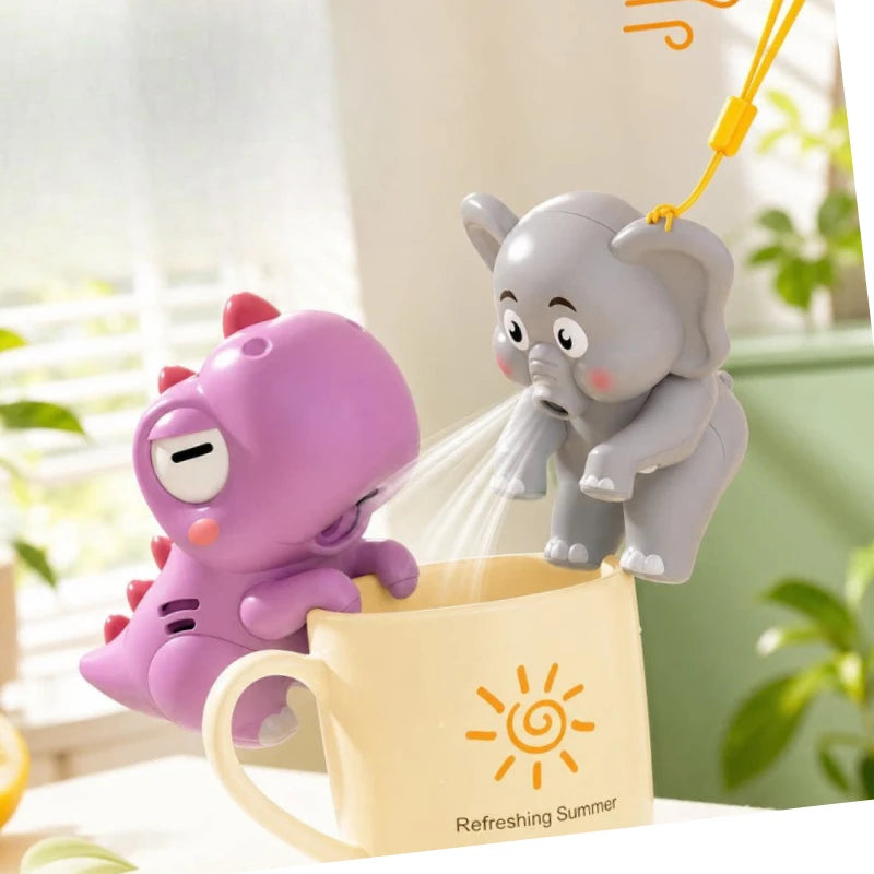 Soplador de dinosaurio morado y elefante gris en una taza