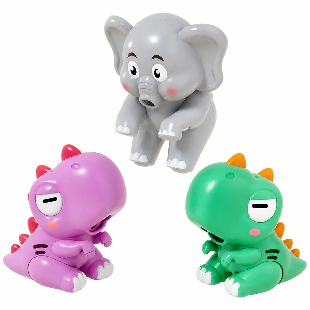 Los tres modelos: elefante gris, dinosaurio morado y dinosaurio verde